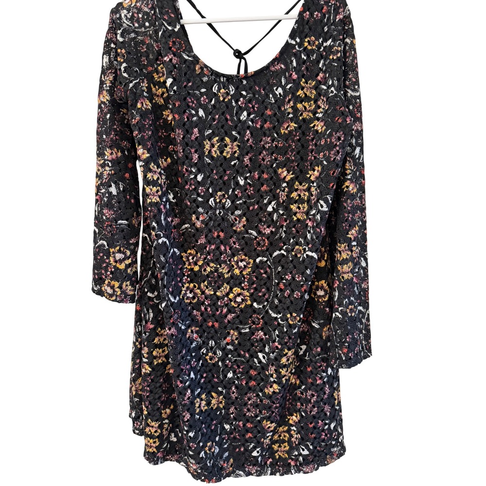Xhilaration Floral Lace Mini Dress Black Long Sleeve Strappy Back Large